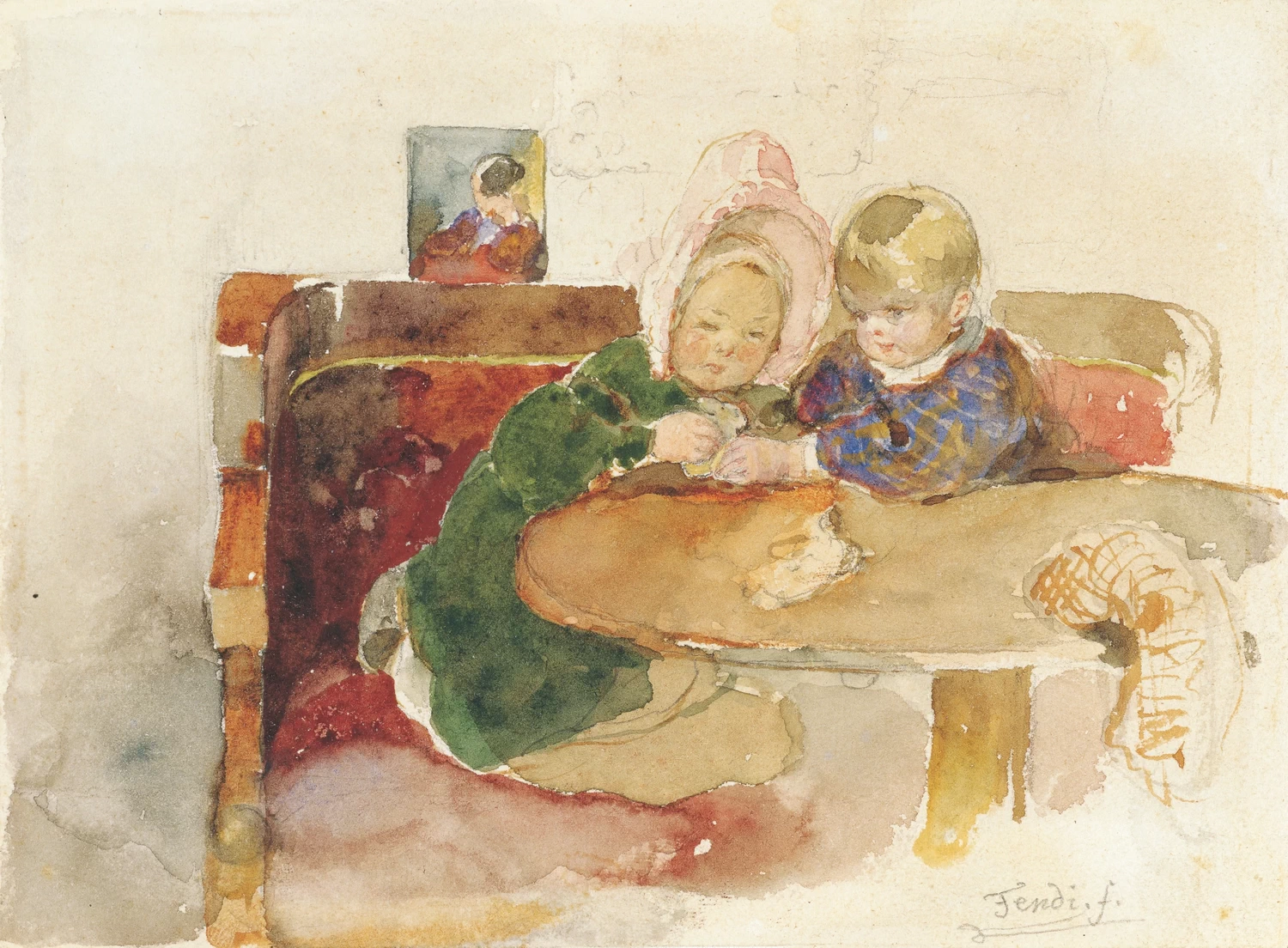 Due bambini su un canapé Biedermeier a un tavolo rotondo - Liechtenstein, The Princely Collections